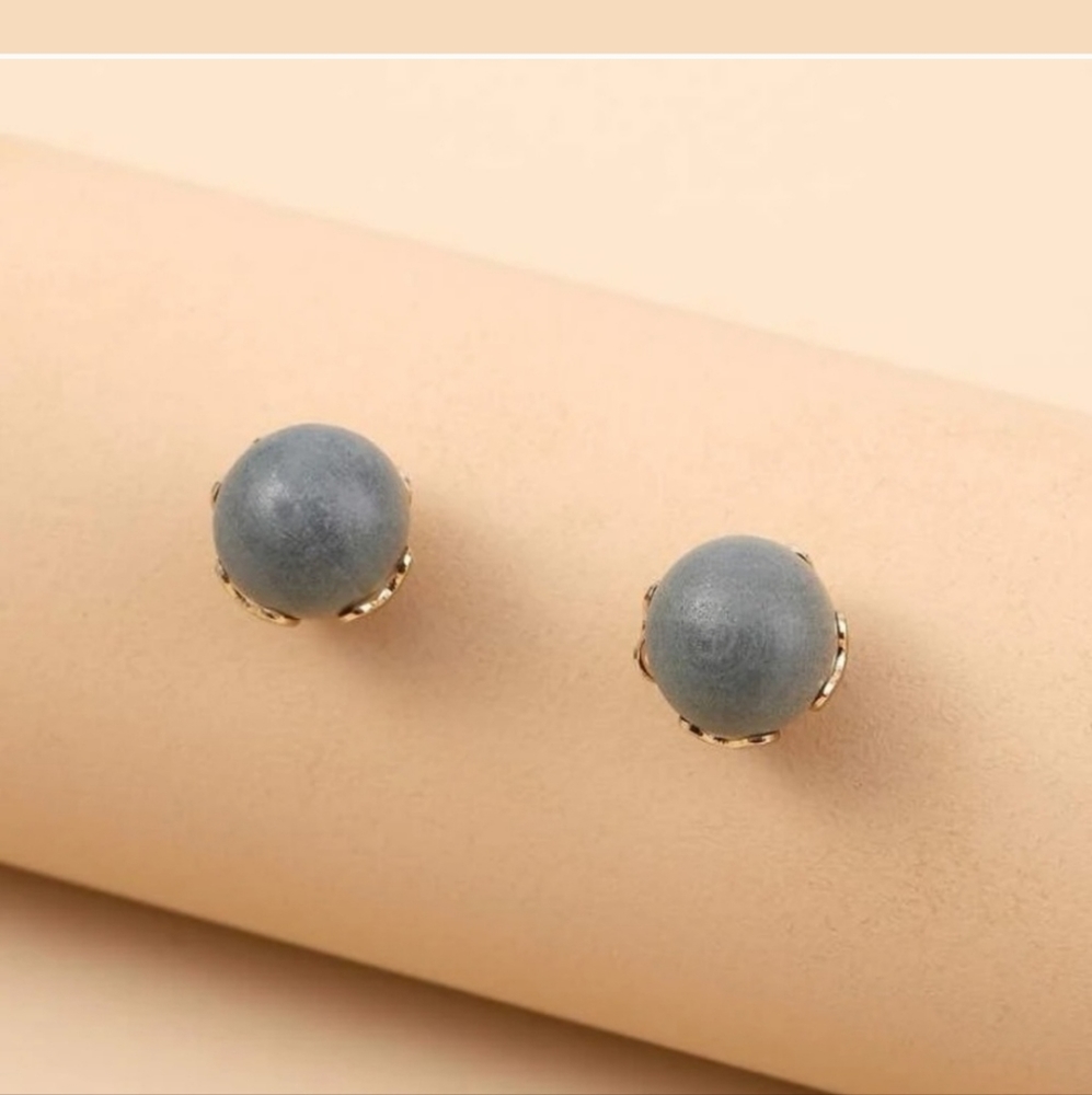 Wood Blue Gray Gold Stud Earrings